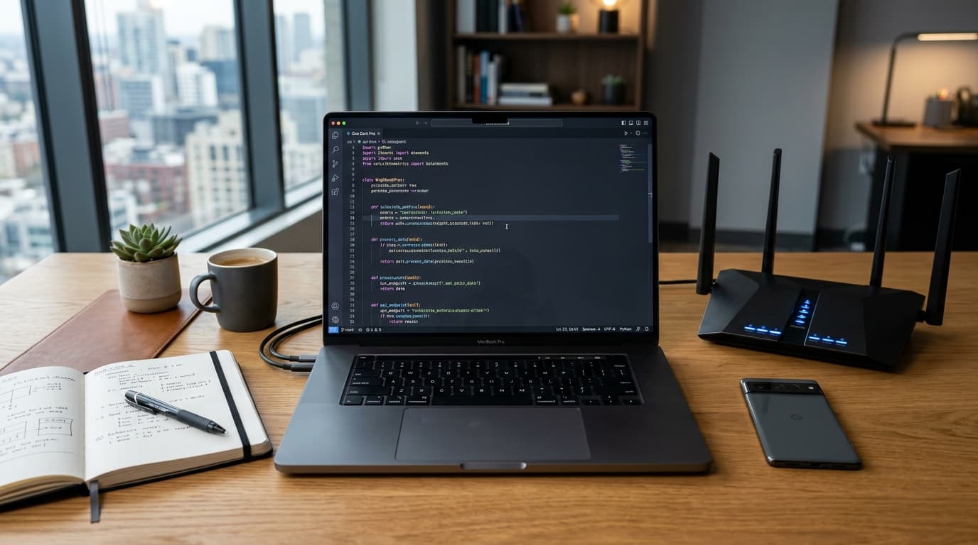Bitscoding Apple MacBook and internet Wi-Fi router workspace